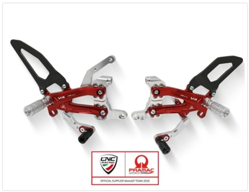 CNC Racing Adjustable Rear Sets for Ducati Streetfighter V4, for reverse and normal shifting, Team Pramac MotoGP LE, Carbon Heel Guards